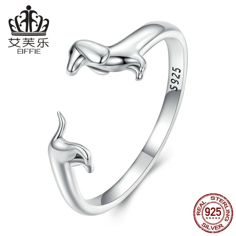 Sterling Silver S925 Sausage Dog Ring, Adjustable Oxidized Silver Dachshund Ring