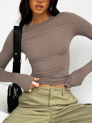 Women’s Long Sleeve Round Neck Crop Top – Ultra Short Pullover T-Shirt