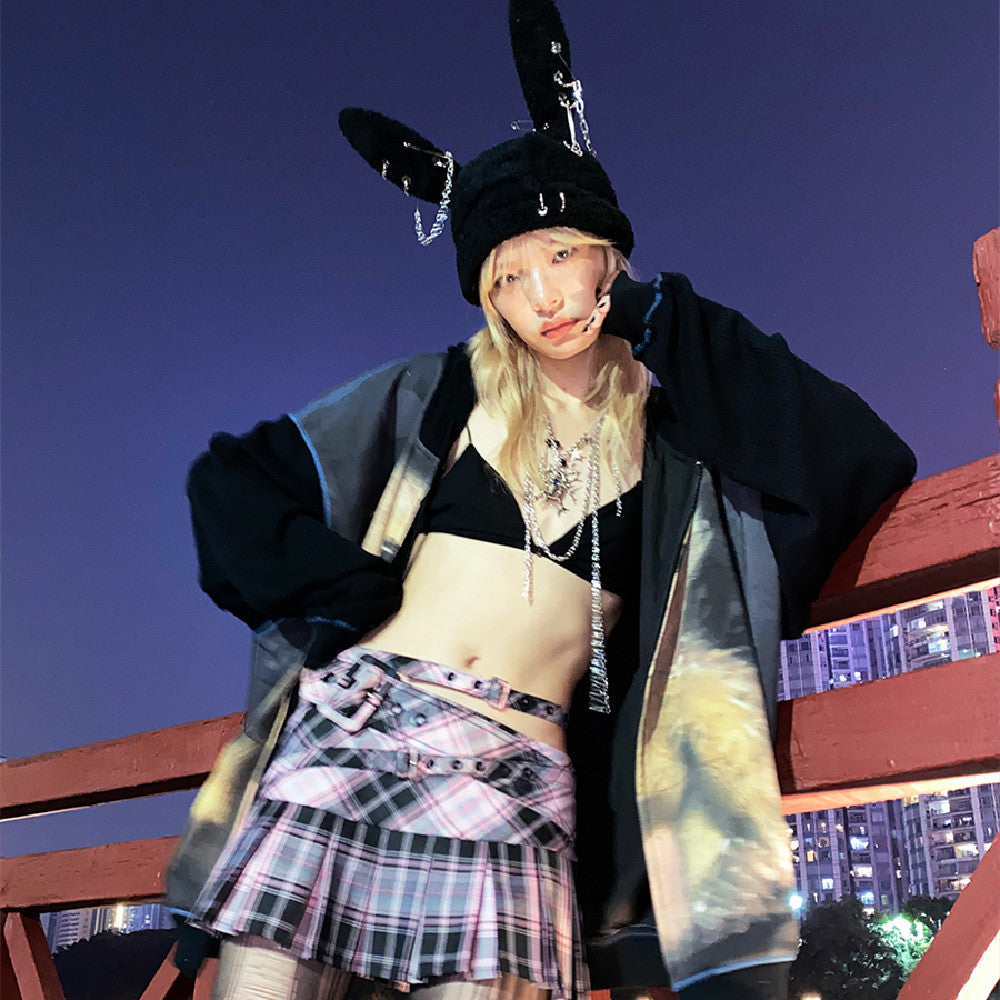 Fashion Rebellious Bunny Knitted Hat, Adjustable Black Street-Style Beanie