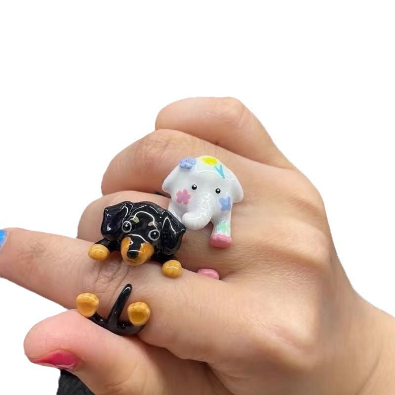 Cartoon Sausage Dog Unique Ring, Funny & Cute Adjustable Alloy Ring for Women and Couples