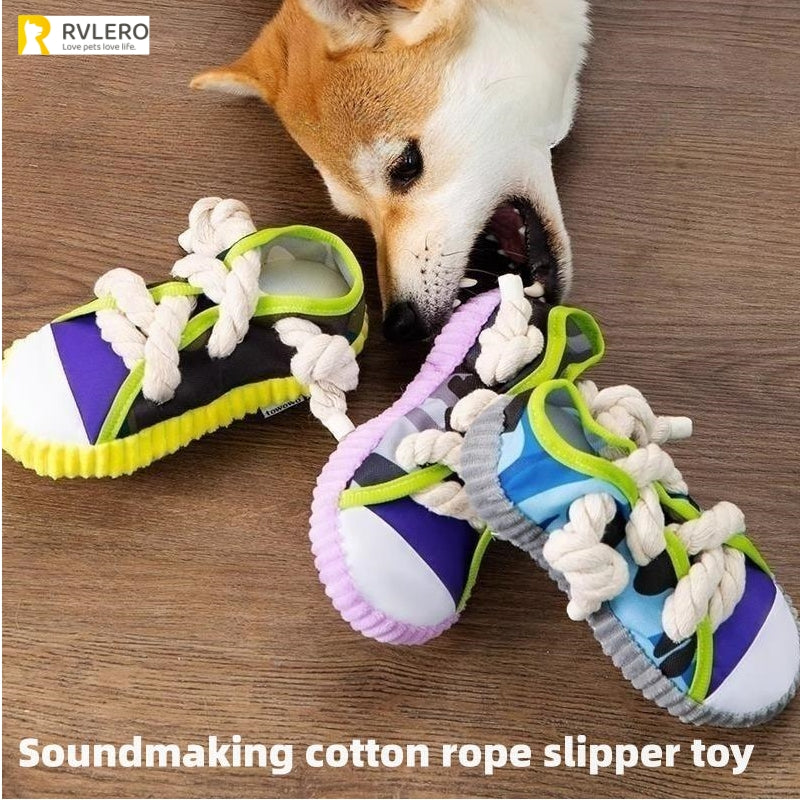 Dog Toys Shoes, Pet Cotton Rope Slippers with Sound, Teeth Cleaning & Built-in BB Airbag Ball