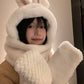 White Bunny Ears Hat & Scarf All-in-One, Winter Shu Cotton Velvet Three-Piece Set
