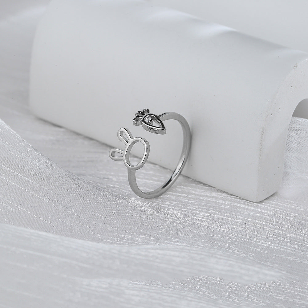 Cute Girlish Bunny & Carrot Ring, Simple Fashion Inlaid Zircon Adjustable Ring