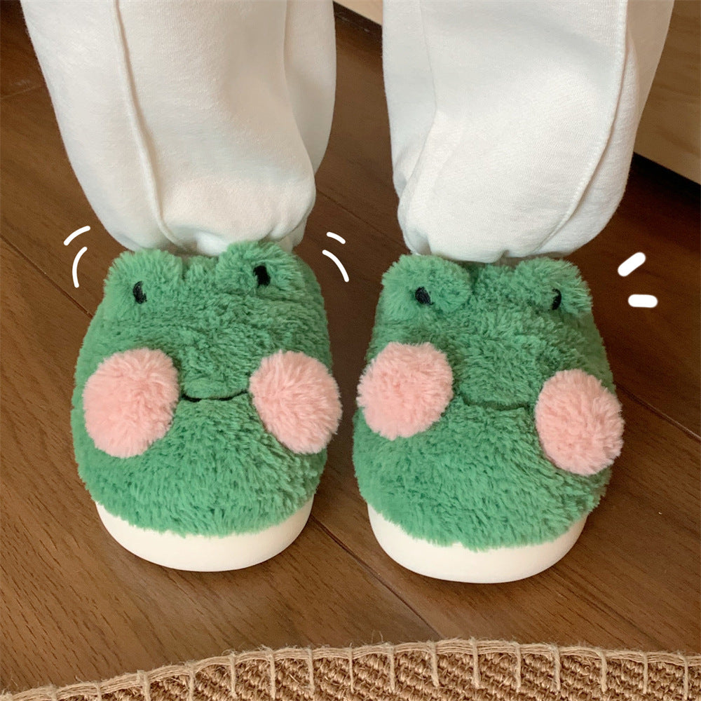 Cozy Steps: Women's Cute Cartoon Frog Slippers – Warm Plush for Indoor Comfort.