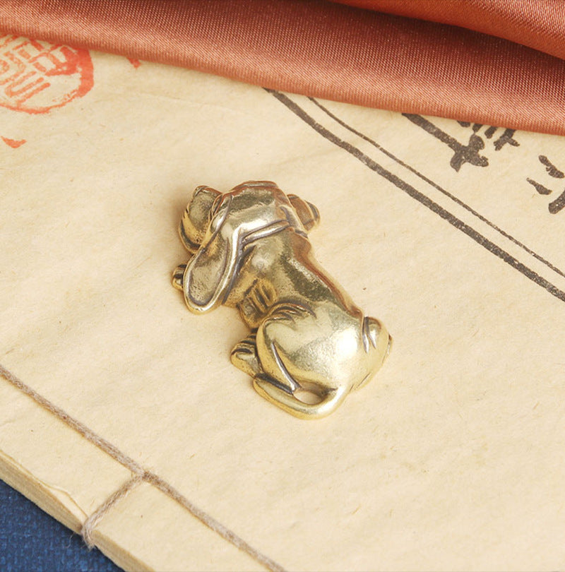 Pure Brass Zodiac Dog Desk Ornament, Lost-Wax Cast Tea Pet & Office Decoration