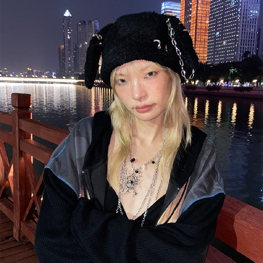 Fashion Rebellious Bunny Knitted Hat, Adjustable Black Street-Style Beanie