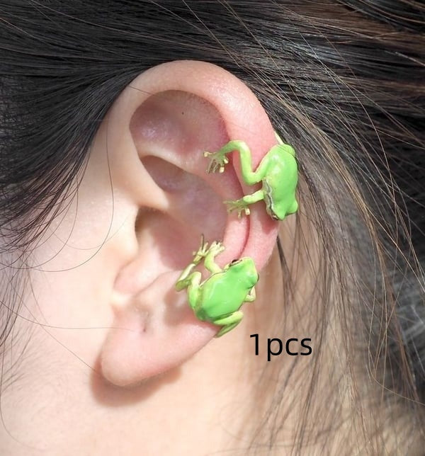 Adjustable Whimsy: Tree Frog Ear Clip and Ring Set for Women (Electroplated Alloy).