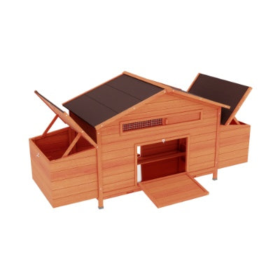 Large Wooden Chicken Coop, Outdoor Hen House with 2 Side Nesting Boxes, 2 Free-Range Doors & Leakproof Tray (Brick Red, Solid Wood)