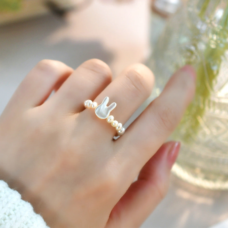 Natural White Lip Shell Bunny Pearl Ring, Simple Women’s Ring (Multiple Sizes)