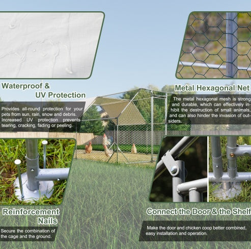 10 ft x 13 ft Galvanized Metal Walk-In Chicken Coop, Large Poultry Run, Weatherproof Hen House with UV-Resistant Cover & Predator-Safe Mesh