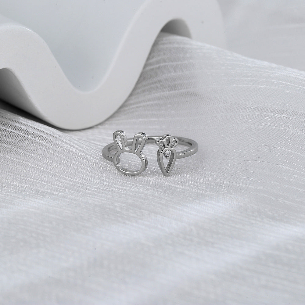 Cute Girlish Bunny & Carrot Ring, Simple Fashion Inlaid Zircon Adjustable Ring
