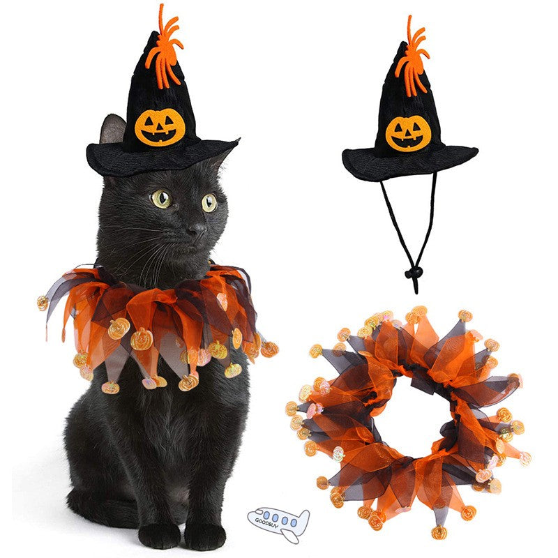 Halloween Witch Hat & Collar Set, Funny Party Cosplay Costume for Cats & Small Dogs