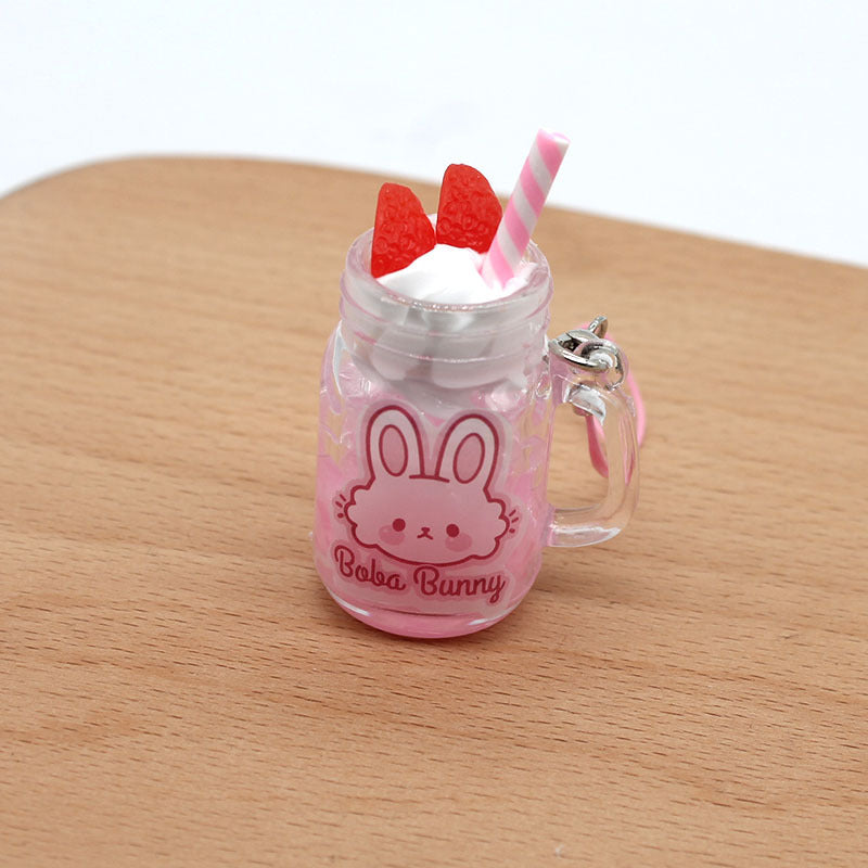 Strawberry Bunny Ice Cream Cup Keychain, Cute PVC Rabbit Drink Pendant (4–6 cm)