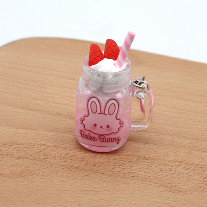 Strawberry Bunny Ice Cream Cup Keychain, Cute PVC Rabbit Drink Pendant (4–6 cm)