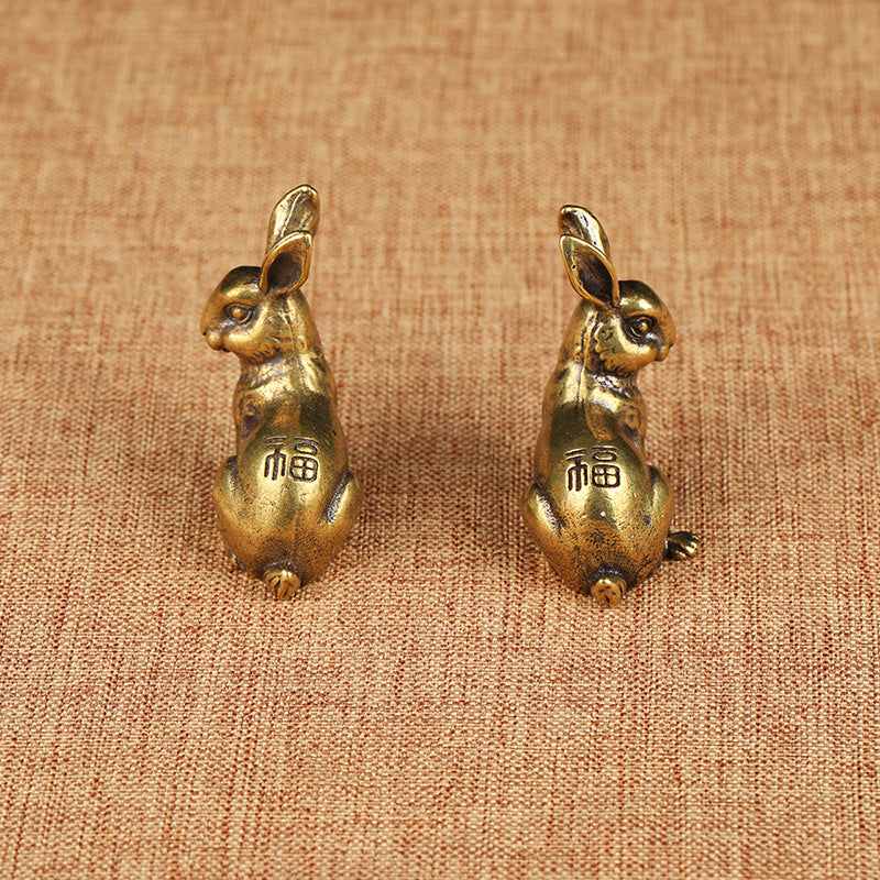 Antique Bronze Miniature Brass Bunny, Retro Zodiac Copper Ornaments (Pair)
