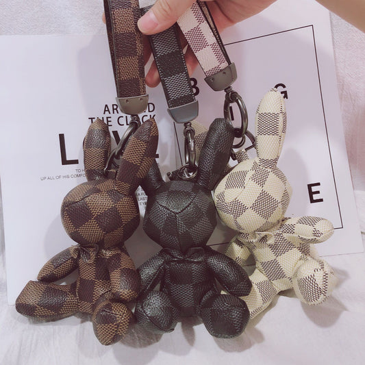 Creative Fashion Leather Bunny Car Keychain, Stylish Plaid Pendant Accessory