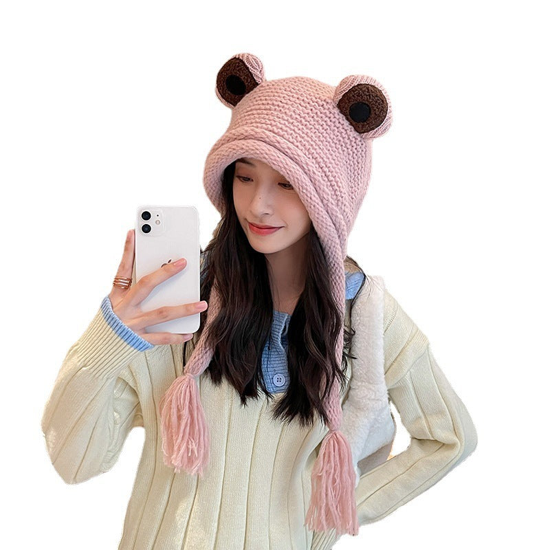 Cozy Chic: Women's Frog Knitted Warmth One-Piece Woolen Hat (One Size).