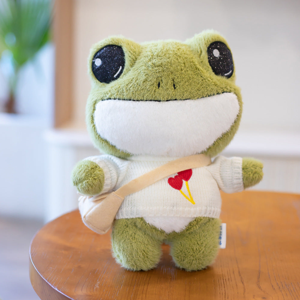 $\mathbf{30\text{cm}}$ Dressed-Up Delight: Cute Frog Doll Plush Toy Backpack (Wheat Velvet).