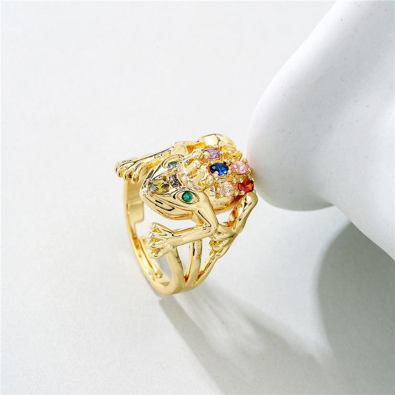 Adjustable Sparkle: Copper Micropaved Zircon Frog Geometric Ring.