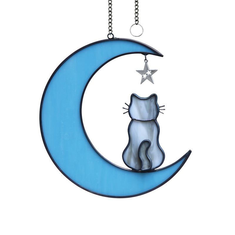 Colorful Glass Pet Cat & Dog Moon Window Ornament, Handmade Stained Glass Hanging Décor