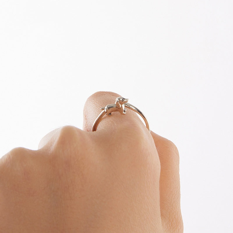 Cute Animal S925 Sterling Silver Sausage Dog Open Ring, Adjustable Women’s Bracelet-Style Ring