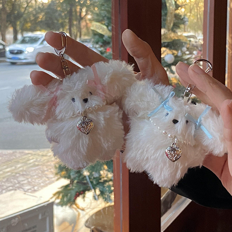 Niche Girl Ribbon Pearl Bunny Keychain, Cute Plush Bow Pendant (12cm)