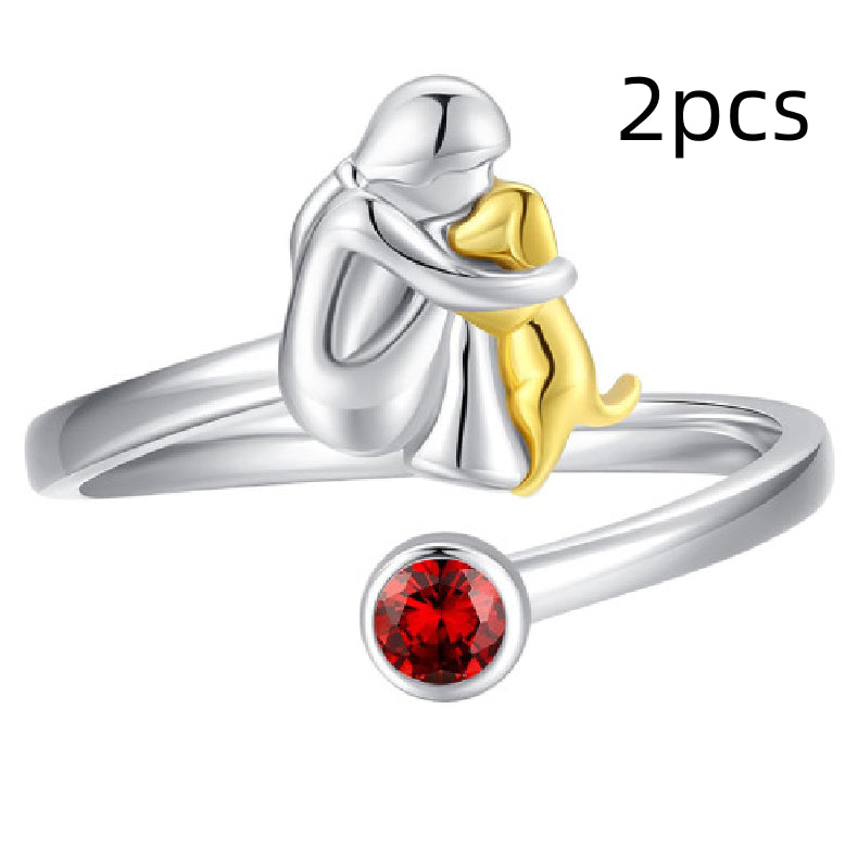 Girl and Dog Pet Ring, Adjustable Silver Alloy Heart-Themed Fashion Ring
