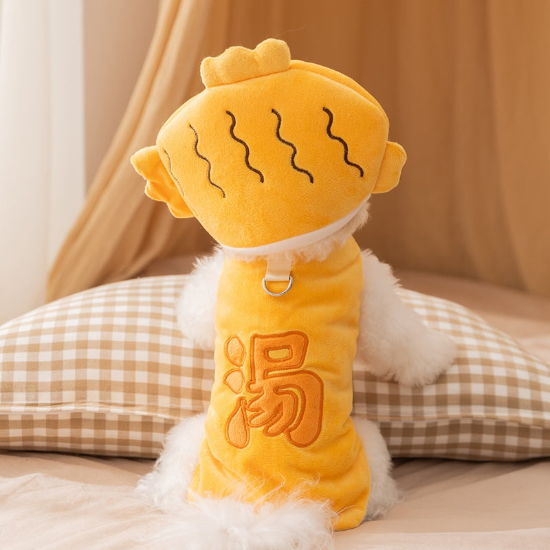 Autumn & Winter Onsen Fish Pet Costume, Funny Hat & Vest Cotton-Padded Suit for Dogs
