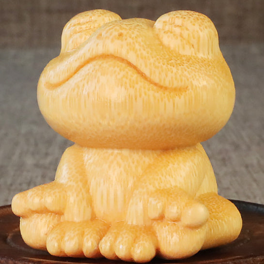 Smiling Frog Solid Bamboo Carving Ornament – Cute Cartoon Wooden Craft Décor