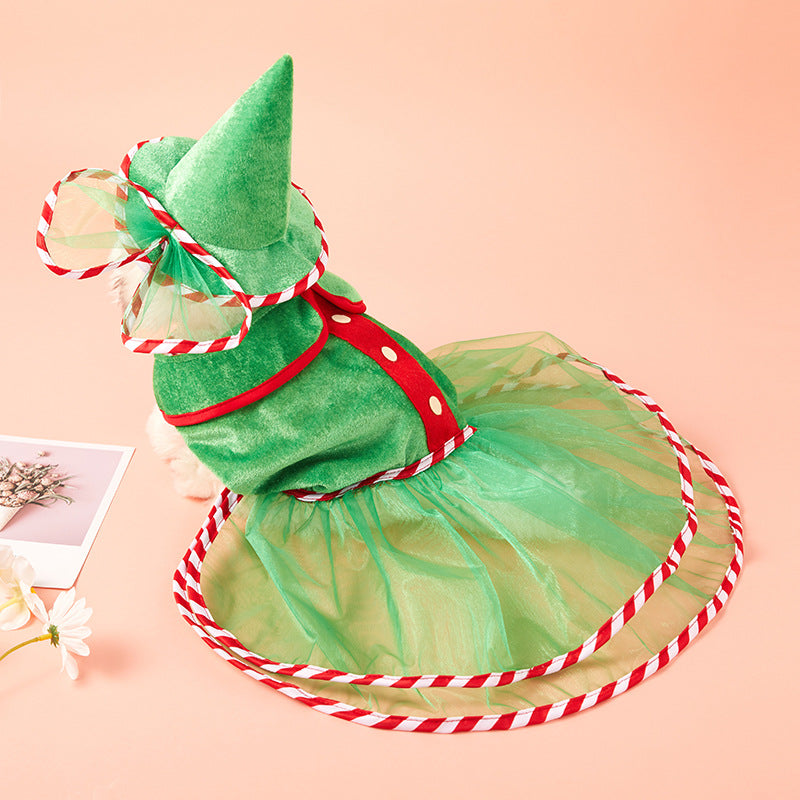 Pet Green Gauze Skirt & Hat Set, Cute Holiday Clothing for Dogs (Christmas Outfit)