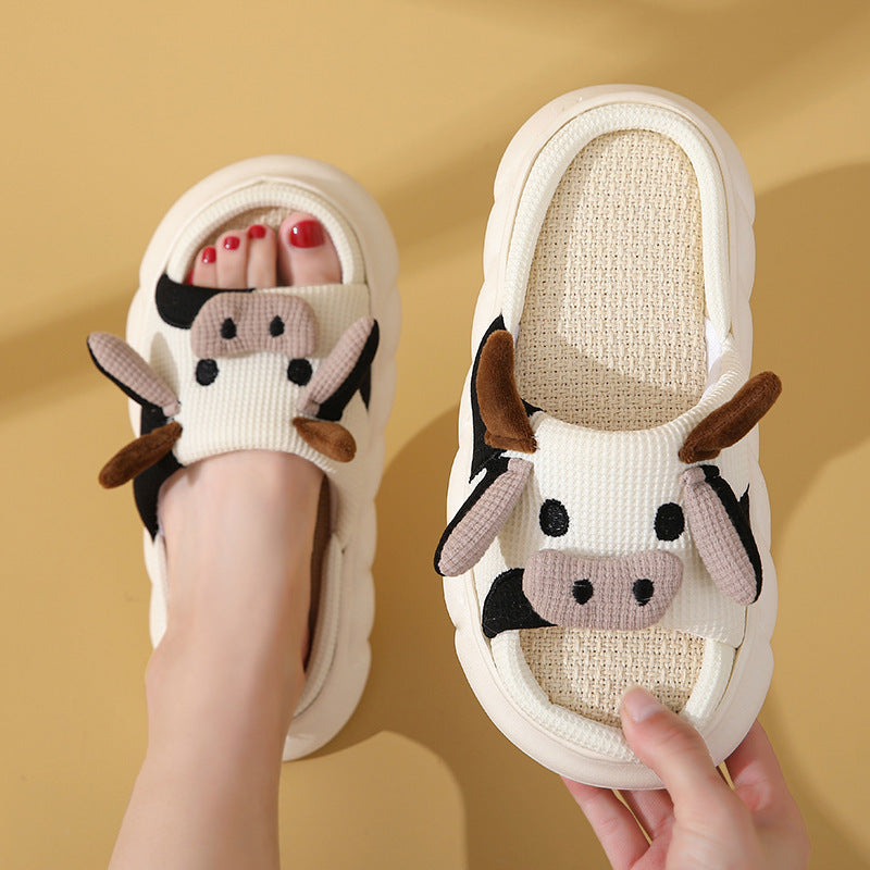 Farm Fun & Comfort: Cute Cartoon Cow and Frog Linen Non-slip Indoor Garden Slippers.