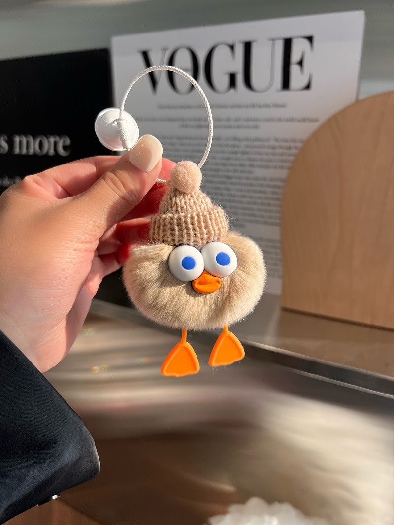 Soft & Stylish: Cute Imitate Rex Rabbit Fur Little Duck Car Key Ring Pendant.