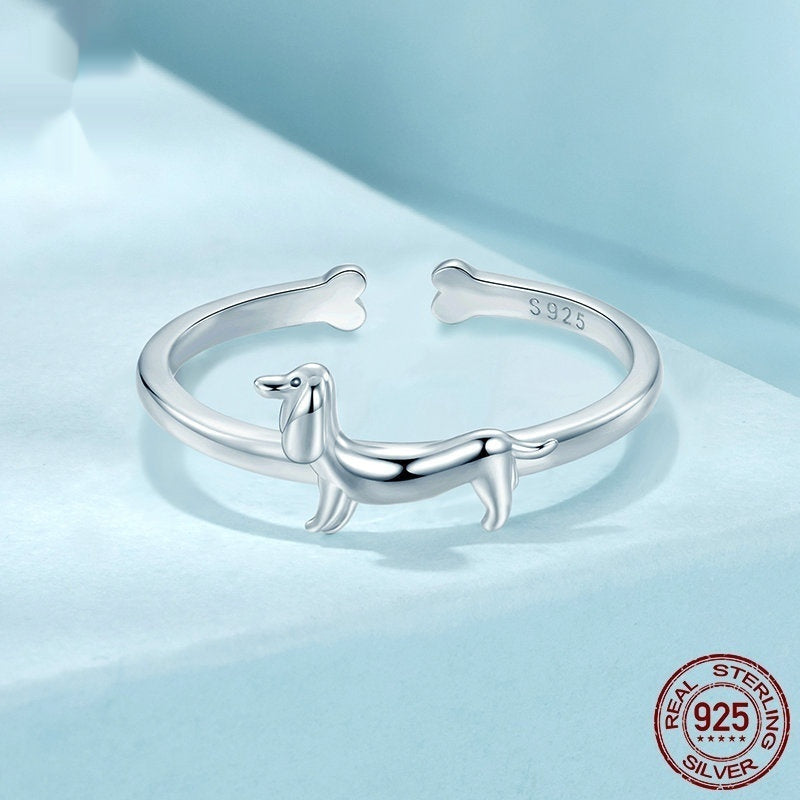 Women’s Cute Sausage Dog Open Ring, S925 Sterling Silver Adjustable Animal Ring