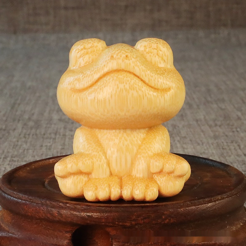 Smiling Frog Solid Bamboo Carving Ornament – Cute Cartoon Wooden Craft Décor