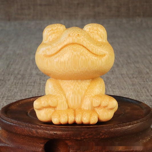 Smiling Frog Solid Bamboo Carving Ornament – Cute Cartoon Wooden Craft Décor