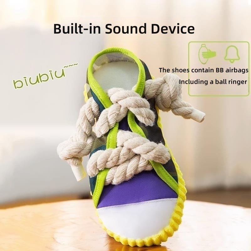 Dog Toys Shoes, Pet Cotton Rope Slippers with Sound, Teeth Cleaning & Built-in BB Airbag Ball