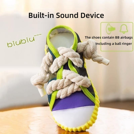 Dog Toys Shoes, Pet Cotton Rope Slippers with Sound, Teeth Cleaning & Built-in BB Airbag Ball