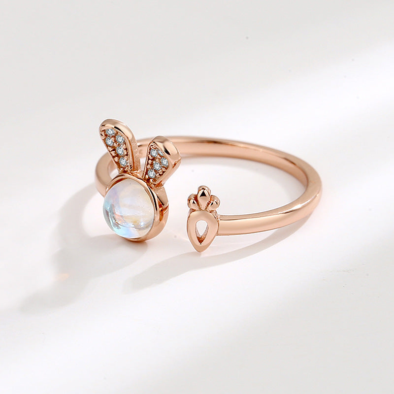 Bunny Radish Ring, Cute Moonstone Silver Ring for Women (Adjustable)