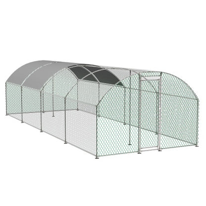 Maximal Security: Extra Large Metal Chicken Coop/Run ($\mathbf{26}$ ft Long) with Half-Roof and Waterproof Design (Silver).