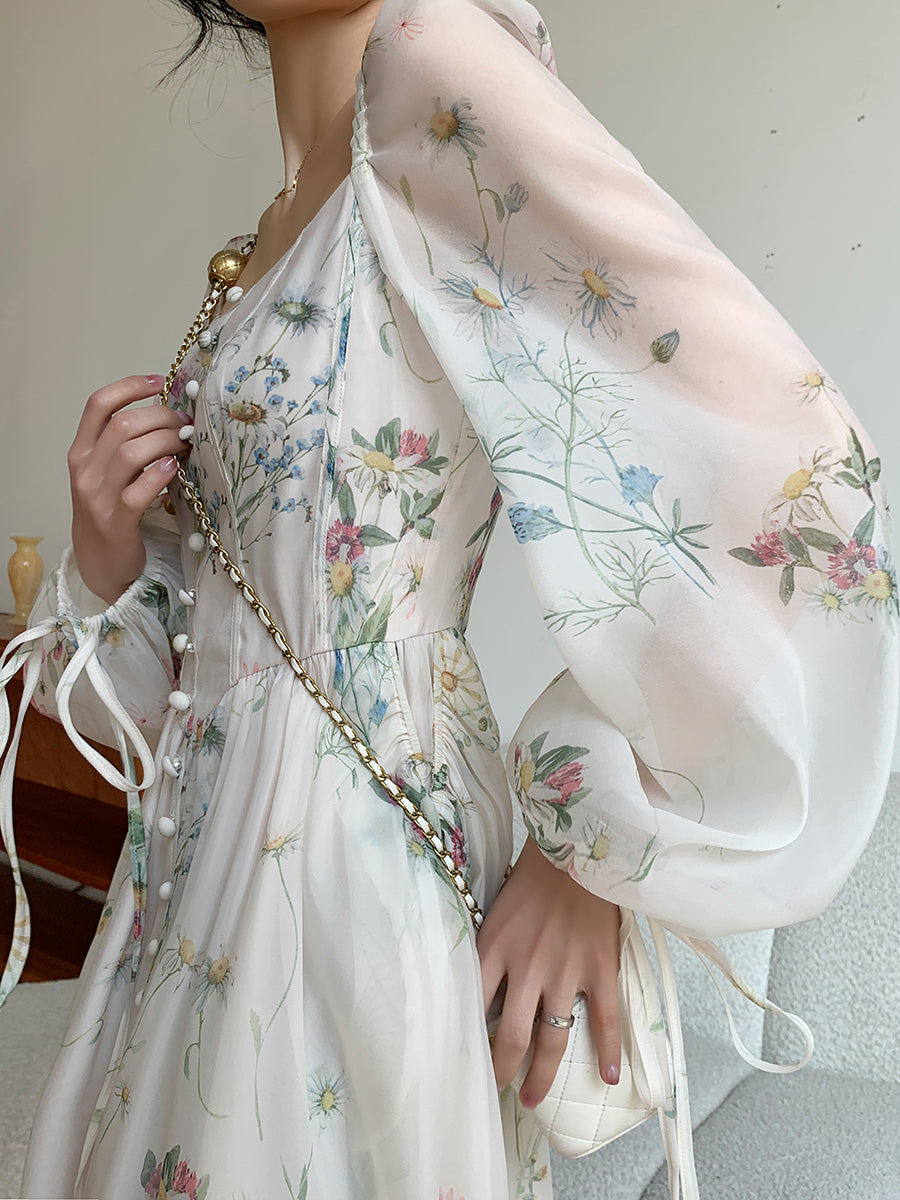 “Flower Rain in the Forest” Organza Long-Sleeve Dress