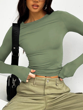 Women’s Long Sleeve Round Neck Crop Top – Ultra Short Pullover T-Shirt