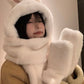 White Bunny Ears Hat & Scarf All-in-One, Winter Shu Cotton Velvet Three-Piece Set