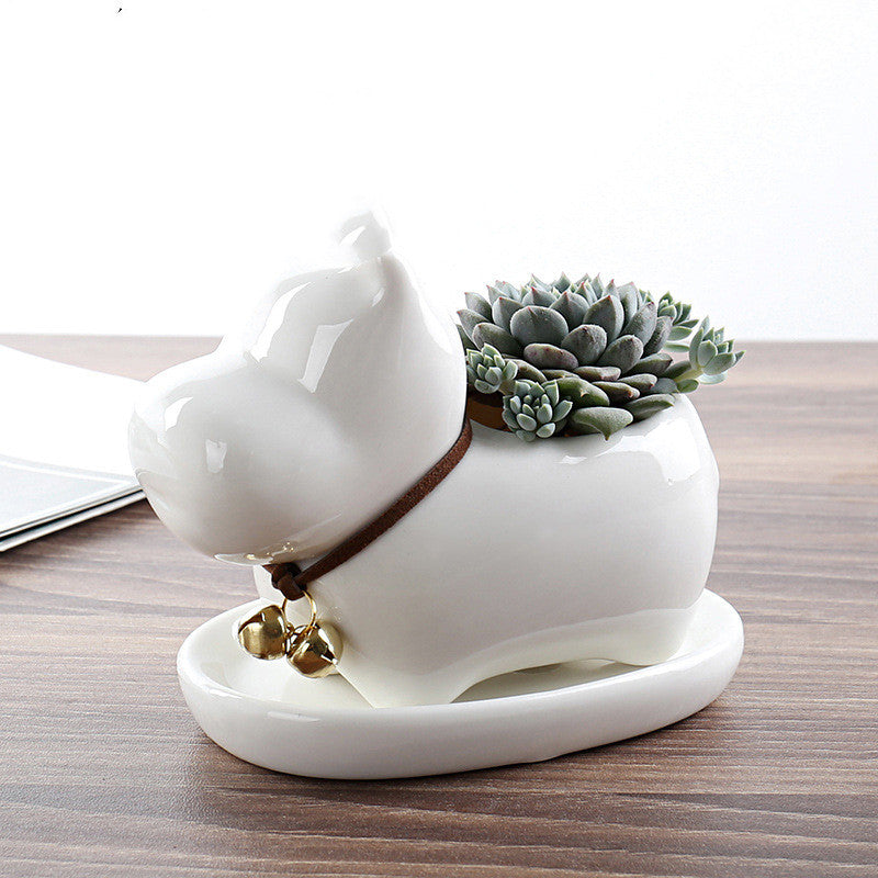 White Ceramic Animal Ornament with Tray, Dog, Cat & Hippo Decorative Planter (Small)