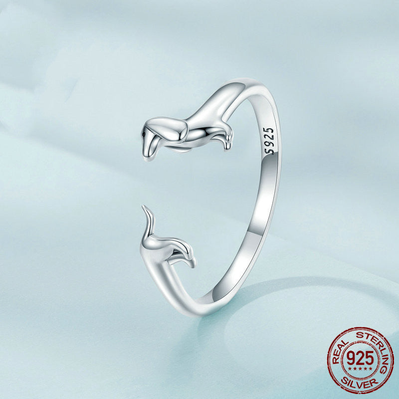 Sterling Silver S925 Sausage Dog Ring, Adjustable Oxidized Silver Dachshund Ring