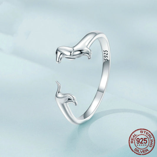 Sterling Silver S925 Sausage Dog Ring, Adjustable Oxidized Silver Dachshund Ring