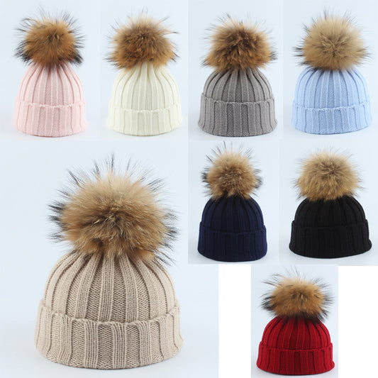 Parent–Child Thermal Knit Hat Set, Winter Raccoon Fur Pom Beanie for Kids & Adults