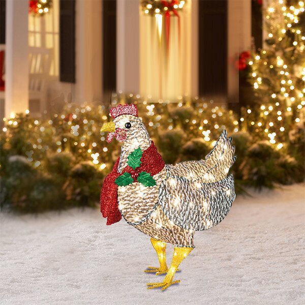 Festive Feathered Friends: Light-Up Chicken Christmas Scarf Garden Ornaments (Acrylic, Pastoral Style).